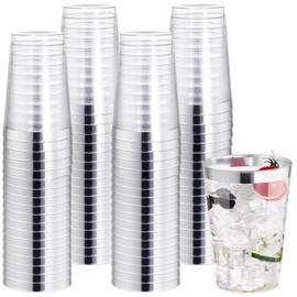 I00000 50 Pack 12 oz Silver Plastic Cups, Silver Rimmed Disposable Cups, Plastic Party Wine Glasses Plastic Cocktail Glasses Heavy Duty Cups with Silver Rim, 12 Ounce Plastic Tumblers For Party