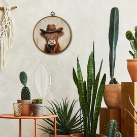 Mcehtle Vintage Western Cowboy Highland Cow Wall Art Decor, Country Cow Farmhouse Framed Canvas Prints 10x10, Funny Whimsical Animal Round Wall Hanging Artwork Decorations for Bedroom Living Room