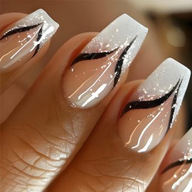 French Tip Press on Nails Medium Coffin Nude Fake Nails with Designs Glossy Glitter Glue on Nails White Nail Tips Full Cover Acrylic Nails Natural Stick on Nails Artificial False Nails for Women 24Pcs