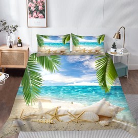 ANHOPE Beach Duvet Cover Set Soft Comforter Cover with Tropical Ocean Palm Leaf Print Pattern 3 Piece Bedding Set with Pillowcase All Season Decorative Quilt Cover with Zipper for Kids Adults Single