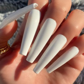 AddFavor XXXL Extra Long Press on Nails Coffin Glossy White Fake Nails Full Cover Acrylic False Nails 12 Sizes 120pcs Nail Tips for Women Fingernails Manicure Design