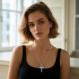 CUPENDA Cross Caduceus Necklace Sterling Silver Wooden Cross RN Stethoscope Pendant Necklace Turquoise Nurse Themed Jewelry for Women Doctor Medical Students