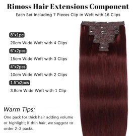 Rimoss Clip in Hair Extensions Real Human Hair, Soft Burgundy Red Hair Extensions Real Human Hair Clip ins Straight, Premium Thick 7pcs Remy Human Hair Clip in Extensions for Women (#99J 18 Inch)