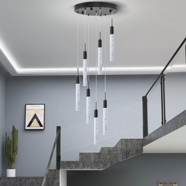Upfelw Modern High Ceiling Crystal Chandelier 7-Lights, Large Spiral LED Raindrop Foyer Pendant Lighting, Bubble Staircase Living Room Hanging Light Fixture Flush Mount Black Remote Control