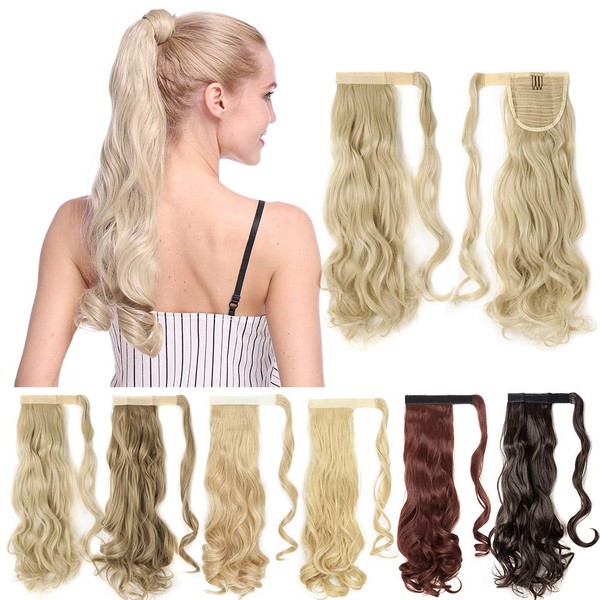 S-noilite Long Wrap Around Ponytail Extension Magic Paste One Piece Pony Tail Hair Extensions Synthetic Fibre Ponytails Hairpiece for Women Girls - 24 Inch Curly Ash Blonde Mix Bleach Blonde