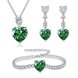 Glintara Silver Women's Jewellery Sets, 925 Sterling Silver Heart Jewelry Set with Green Zirconia, Silver Love Pendant with 45cm Necklace & Silver Drop Earrings & Bracelet Set CZ Jewellery for Girls