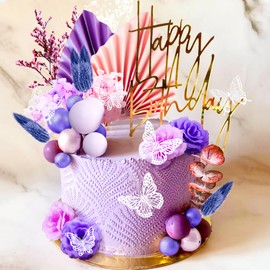 JeVenis - Decoración de pastel de lavanda para decoración de pastel de rosas moradas con mariposas, hojas de palma, bolas moradas para decoración de tartas para bodas,