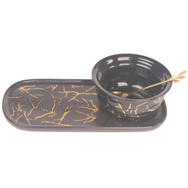 LIUYWYHCF Soup Bowl and Sandwich Plate Combo with 6.8 oz Soup Bowl and 9.1" Ceramic Plate and Gold Spoon - Soup and Side/Cracker Bowl Set for Breakfast, Bread Dip Bowl - Dishwasher Safe, Black