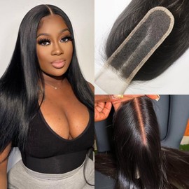 2x6 SKINLIKE Real HD Lace Closure 0.11mm Ultra-thin Lace Close Depth Split Medium Distribution 100% Human Hair 2x6 Wigs Piece Hairline Long Straight Hair Transparent lace Natural Black Color 14 Inch