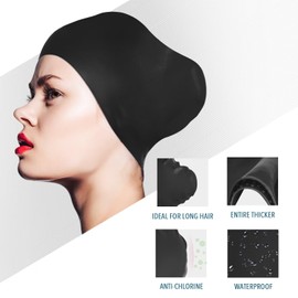 Womens Silicone Swim Cap for Long Hair,3D Ergonomic Design Silicone Swimming Caps for Women Kids Men Adults Boys Girls with Ear Plug and Nose Clip(Black/L)