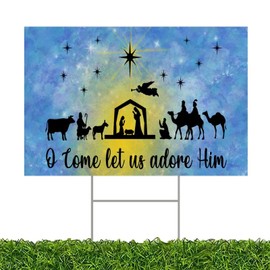 Nativity Scene Religious Yard Signs | Double-Sided Manger Scene Yard Signs | O Come Let Us Adore Him Yard Sign | 12x18in Yard Sign with Metal H Stake (Double Sided)