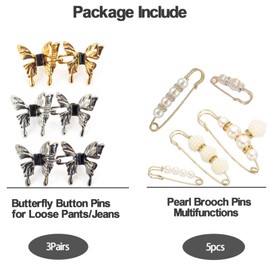 AsggBah 8pcs Safety Pins for Clothes, Butterfly Pants Button Tightener, Pearl Brooch Pins, Fashion Sweater Shawl Waist Adjuster for Pants No Sew Jean Buttons Pins