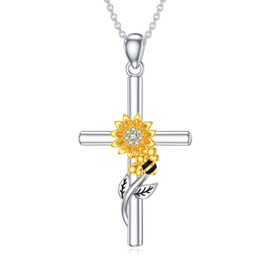 LWXIE Diamond Sunflower Cross Silver Sunflower Cross 925 Sterling Silver Sunflower Cross Diamond Sunflower Cross Necklace for Women
