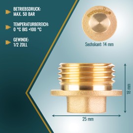 Poppstar 2 x Brass Plug 1/2 Inch Male Thread (BSP G 1/2 Inch (21 mm), up to 50 bar, 14 mm Hexagonal)