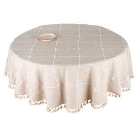 Round Cotton Tablecloths, Farmhouse Tablecloth, Boho Tablecloth Round, Tassel Tablecloth, Buffalo Plaid Beige Tablecloths, Table Cloth Modern, Checked Tablecloth, Cotton Tablecloth Tassel Beige 63"