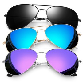 Joopin 3 Pack Polarized Aviation Sunglasses for Women Men, Blue Sun Glasses UV Protection, Mirrored Purple Sunnies, Large Black Shades