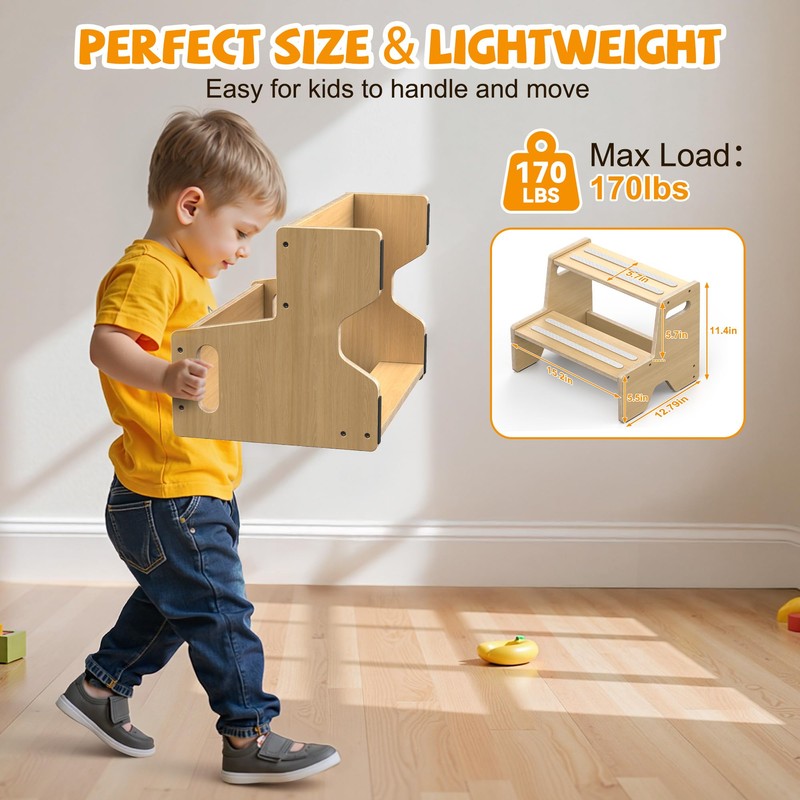 Uiirvdy Step Stool for Toddler, Sturdy Wooden 2-Step Stool with