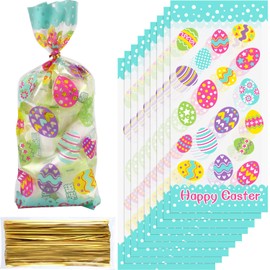 100 Pack Easter Day Treat Bag Easter Bunny Cello Bag Party Bag Candy Cellophane Bag Easter Egg Treat Bag Painted Eggs Cello Bag Easter Goody Bags for Easter Day (Egg Style)