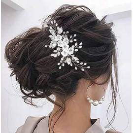 Flower Bride Wedding Hair Comb Pearl Bridal Hair Side Combs Crystal Rhinestones Bridal Decorative Combs Hairpins Silver Leaf Floral Hairpiece Hair Accessories for Women and Girls