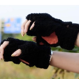 Women's Cat Gloves Kawaii Gloves Plush Cute Cartoon Thick Fleece Bear's Gloves Cosplay Cat Fingerless Gloves Girls Half Finger Gloves Arm Warmers Winter Warm Gloves (Black, One Size)