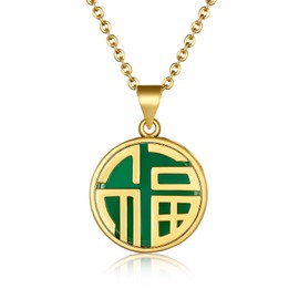 Good Luck Chinese Fu Character Pendant Necklace, Round Circle Disc Green Jade Chinese Blessing Necklaces Chinese Fortune Jewelry Green Stone Necklace