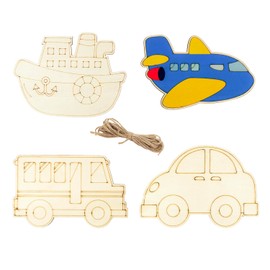 16 Pack 6 Inch Unfinished Wood Transportation Cutouts Crafts Wooden Car Bus Plane Ship Crafts Wooden Traffic Vehicles Hanging Ornaments DIY Gift Tags for Home Party Decoration Craft Project