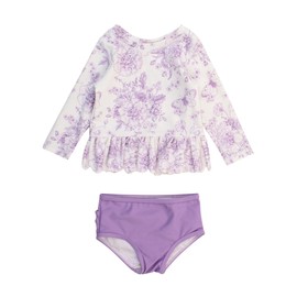 RuffleButts Baby/Toddler Girls Scalloped Long Sleeve Rash Guard 2-Piece UPF50+ Sun Protected Swimsuit - Wisteria Purple Butterfly Garden Toile, 2T