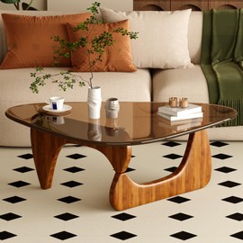 JCAJCA Coffee Table for Living Room Mid Century Modern Center Table with Glass Top and Oak Wood, Brown/Walnut