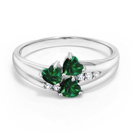 Gem Stone King 925 Sterling Silver Green Nano Emerald and White Created Sapphire 3-Stone Ring For Women (1.28 Cttw, Heart Shape 4MM, Gemstone May Birthstone, Size 7)