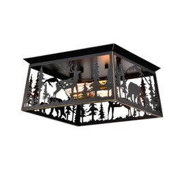 Farmhouse Flush Mount Ceiling Light,Deer Bear Rustic Kitchen Lighting Fixtures Ceiling,Vintage Square Metal Entryway Light Fixture,2-Light Industrial Black Chandelier for Bedroom,Living Room,Hallway