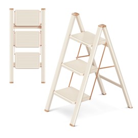 GameGem 3 Step Ladder Folding Step Stool with Wide Anti-Slip Pedal, 330LBS Capacity, Lightweight Portable Stepladder for Home and Kitchen Use, Cream Chocolate