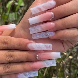 Ombre Pink White Press on Nails Long Square BAOYAALIN, Glitter Fake Nails with Rhinestones Design Gel Glue on Nails for Women Full Cover Acrylic Artificial False Stick on Nail for Wedding 24Pcs