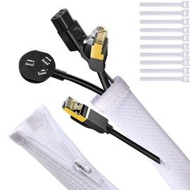 UPXDUMI Cable Tidy Zip Sleeve for PC/TV, 20mm - 2m Desk Cable Management Organisers, Wire Tidy Loom Tube Cord Wrap Protector with 10pcs Reusable Cable Ties for Home, Office, 100cm*2pcs White