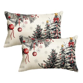 AVOIN colorlife Christmas Trees Red Balls Star Throw Pillow Covers, 12 x 20 Inch Seasonal Winter Holiday Cushion Case Decoration for Sofa Couch Set of 2
