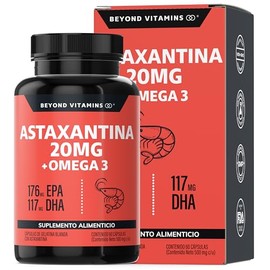 Beyond Vitamins Astaxantina 20mg de Haematococcus pluvialis + Omega 3 EPA/DHA | 60 Cápsulas | Extracto Natural de Oleorresina, Aceite de Pescado, Alta Potencia | Astaxantina 12mg – Astaxantina 500mg – Axtansantina Cápsulas