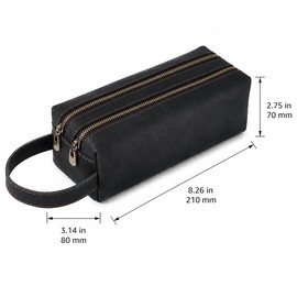 ECHSRT Genuine Cowhide Leather Pen Pouch for Adults, Double Zipper Pen Bag with Handle, Two Compartment Stationery Organizer for Office, Work and Travel, Raven Black