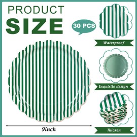 30Pcs Green Striped Paper Plates, Scalloped, Minimalist, 9 In