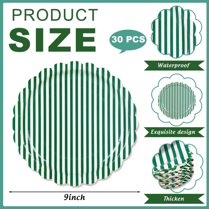 30Pcs Green Striped Paper Plates, Scalloped, Minimalist, 9 In