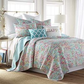 Levtex home - Karolynna Quilt Set - Full/Queen Quilt + Two Standard Pillow Shams - Floral in Teal Salmon Green Wild Berry - Quilt Size (88x92in.) and Pillow Sham Size (26x20in.) - Reversible - Cotton