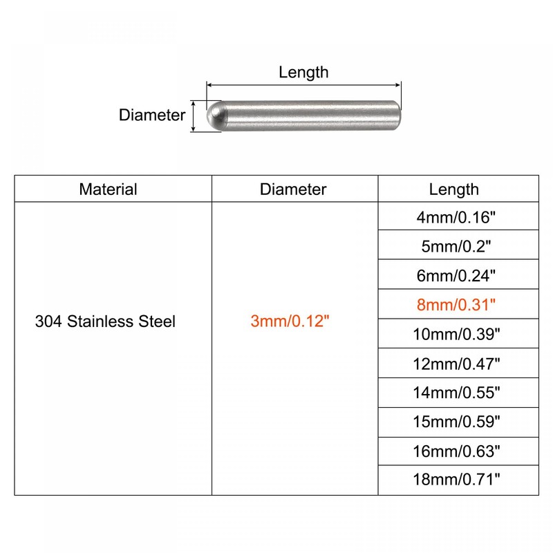 sourcing map 3x8mm Dowel Pins, 50pcs 304 Stainless Steel Round