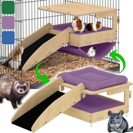 YELLOFLOW Guinea Pig Hideout and Hammock Combo – Dual Style Design – Large Natural Birch Wood 14”x 10”– Guinea Pig Hammock for Cage, Guinea Pig Hide, Guinea Pig Loft, Guinea Pig Accessories (Purple)
