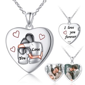 S925 Sterling Silver Heart Love Locket Photo Necklace for Women Men Couple Keepsake Locket I Love You Forever Picture Pendant Memorial Jewelry Gift of Loved Ones