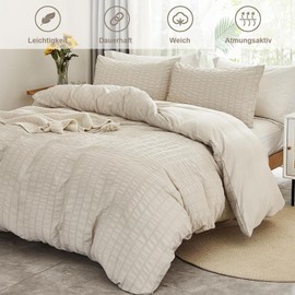 Freyamy Seersucker Bed Linen 155 x 220 cm 2-Piece Beige Embossed Stripes Textured Bedding Sets Plain Brushed Microfibre Soft Duvet Cover with Zip and 1 Pillowcase 80 x 80 cm