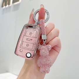 Car Key Fob Cover Compatible with VW Golf 7 MK7 Polo T-ROC Tiguan Skoda Superb Octavia Seat Leon Ibiza Pink Key Shell Holder with Diamond Bear Keychain for 3 Buttons Flip Key