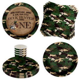 Duck Hunter 1st Birthday Party Supplies - 64 Piece Boys Hunting First Birthday Tableware Set Includes Large 9" Dinner Plates and 7" Dessert Paper Plates Napkins Cups - Kit for 16