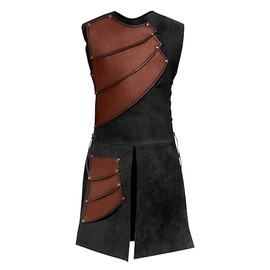 Men's Side Laces up Knight Viking Pirate Armor Long Waistcoats Vests Long Bracer Costume Set Brown