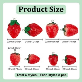HOBBIESAY 4 Styles 32Pcs Red Resin Strawberry Charms 3D Strawberry Pendants Cute Fruit Hanging Pendant Strawberry Charms Ornament with Iron Loop for DIY Bracelets Earring Necklace Jewelry Making