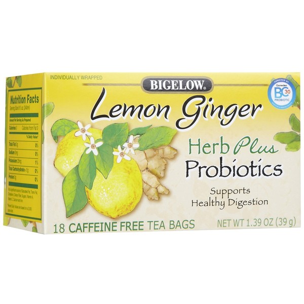 Bigelow Tea Herb Plus Probiotics Lemon and Ginger 18 Bags (Pack Of 6)