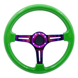 350mm Green Racing Steering Wheel Neo Chrome Spoke Universal 6 Bolts 45mm Deep Dish Classic ABS Wood Steering Wheel with Horn Button