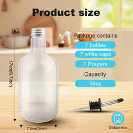 BUWUSMU 7 Sets 16 oz Plastic Long Neck Bottles with Pourer and Caps, Plastic Juice Pour Bottles with Stainless Steel Bottle Pourer Tapered Spout for Liquor Juice Store Syrup Bottles Pourers